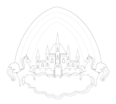 fairytale castle frame and flying unicorns - coloring bookのイラスト素材