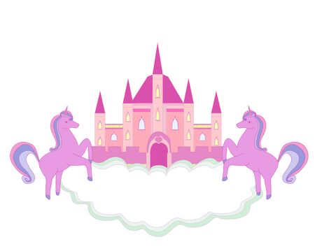 fairytale castle frame and flying unicorns のイラスト素材