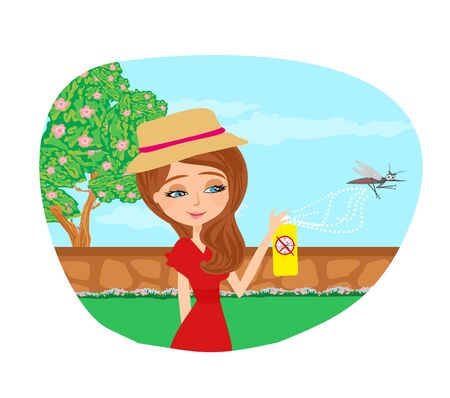 girl kills mosquitoes with insect sprayのイラスト素材
