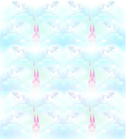 pastel pattern with unicorns and castlesの写真素材