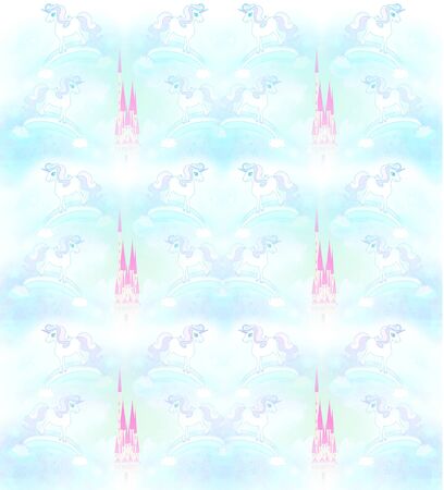 pastel pattern with unicorns and castlesの素材 [FY310147897002]