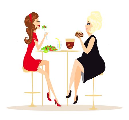 Illustration of thick and thin girls in restaurantのイラスト素材
