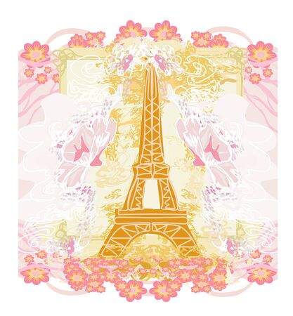 Eiffel tower artistic card, decorative floral frameのイラスト素材