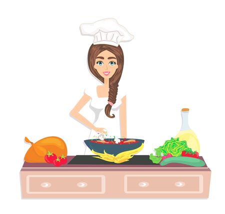 beautiful smiling cook is preparing healthy and tasty dishのイラスト素材