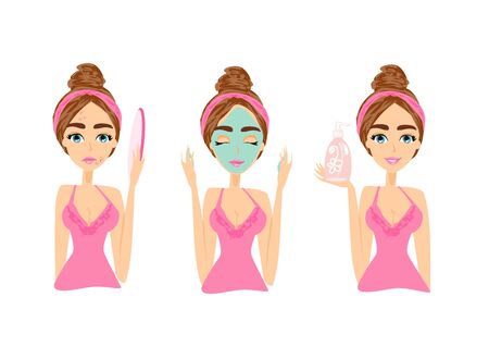 beautiful girl puts on an anti-acne maskのイラスト素材