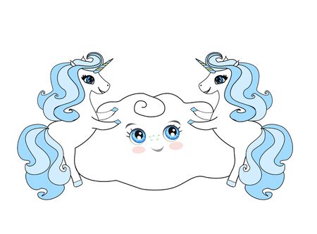 Hand drawn fantasy cartoon unicorns frameのイラスト素材