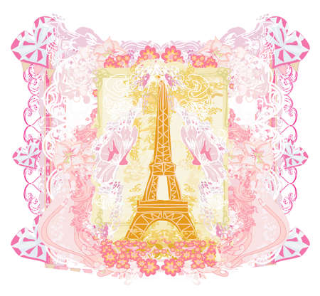 Eiffel tower artistic card, decorative floral frameのイラスト素材