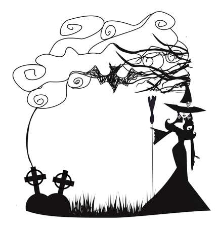 black and white doodle frame with beautiful and sexy witchのイラスト素材