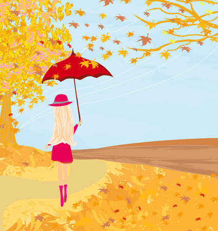 pretty woman with umbrella, beautiful autumn landscapeのイラスト素材