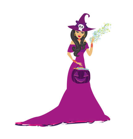 beautiful witch standing with pumpkin full of candyのイラスト素材