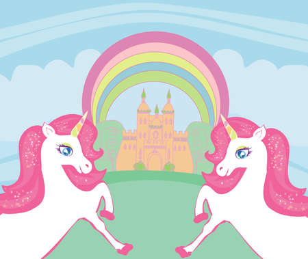 Cute unicorns and fairy-tale princess castle - birthday cardのイラスト素材