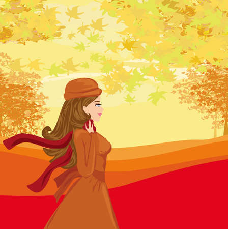 Woman with hat in autumn landscapeのイラスト素材