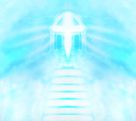 Stairway leads to cross and glowing lightの写真素材
