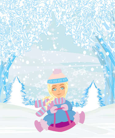 fun in the winter day - the girl is sleddingのイラスト素材