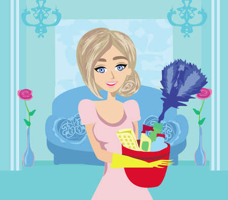 Young Maid Holding Cleaning Suppliesのイラスト素材