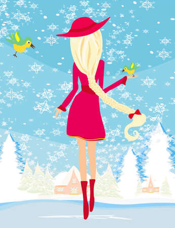 Girl feeds the birds in winterのイラスト素材