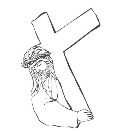 Portrait of Jesus carrying cross - isolated illustrationのイラスト素材