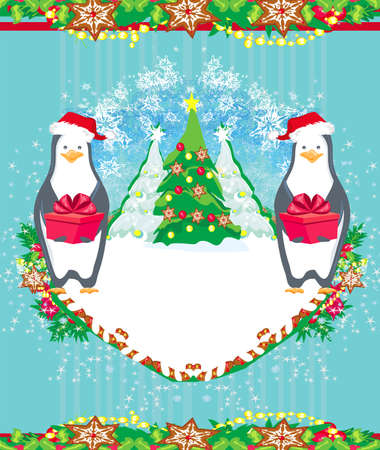 penguins disguised as santa with a gift - funny Christmas cardのイラスト素材