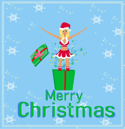 Girl in santa claus costume jumping out of present boxのイラスト素材