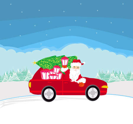 Abstract card with Santa Claus driving car and gives out giftsのイラスト素材