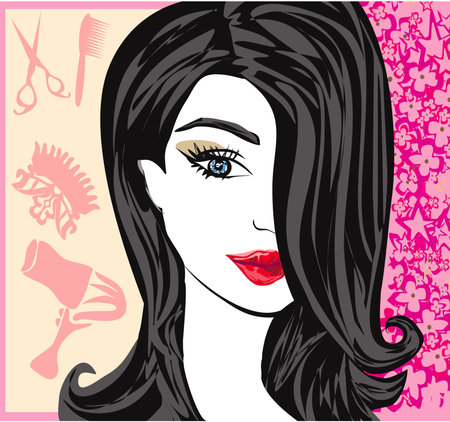 floral background with pretty woman - barber cardの写真素材