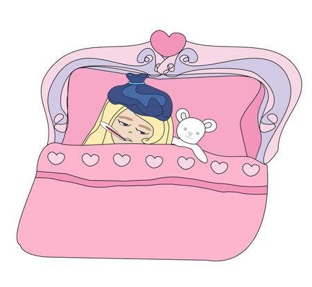 Illustration of a Sick Girl lying in bedの写真素材