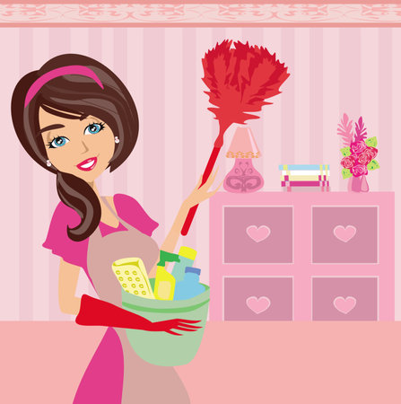 smiling Housewife cleaning at homeのイラスト素材