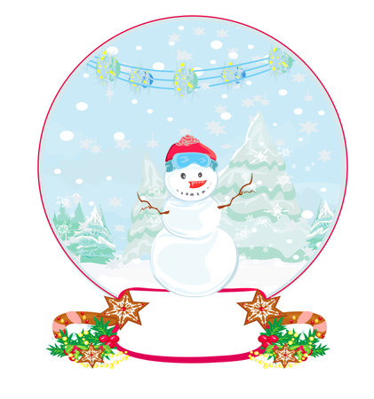 Happy snowman in a crystal ballの写真素材