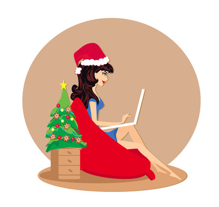 christmas online shopping - card with a beautiful girlのイラスト素材