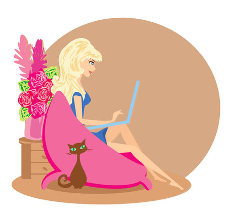 Online shopping - young smiling woman sitting with laptop computerのイラスト素材