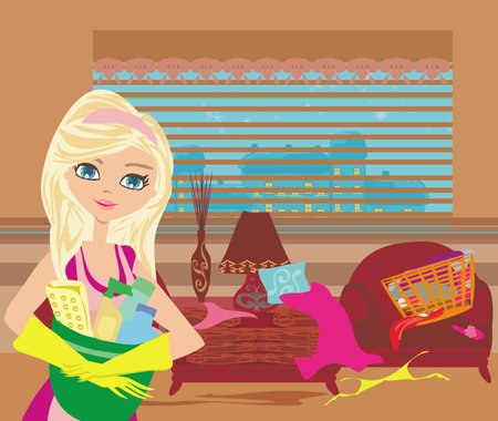 Housewife cleans up the mess in the living roomのイラスト素材
