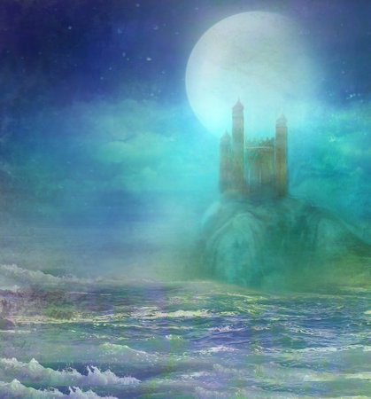 landscape with old castle at nightの写真素材