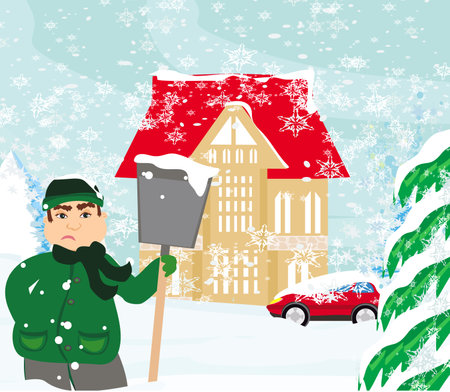 sad man is shoveling snow in front of his houseのイラスト素材