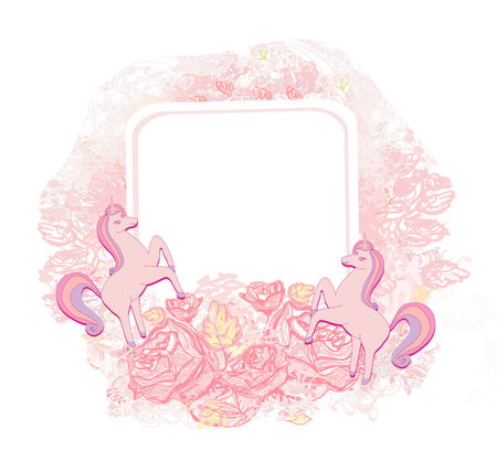decorative flower frame with beautiful unicornsのイラスト素材