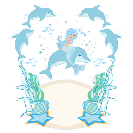 Girls Mermaid and cute dolphins - decorative frameのイラスト素材
