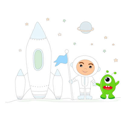 cute boy astronaut and alien - funny isolated illustrationのイラスト素材