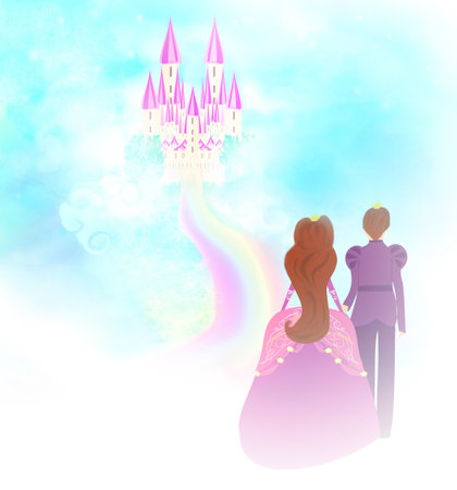 beautiful Castle in clouds and princess with princeの写真素材
