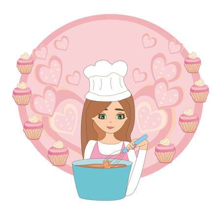 Cartoon of smiling woman in kitchen mixes the doughのイラスト素材