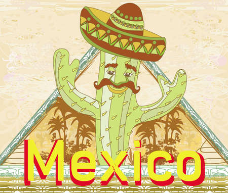 funny cactus with a sombrero - grunge cardのイラスト素材