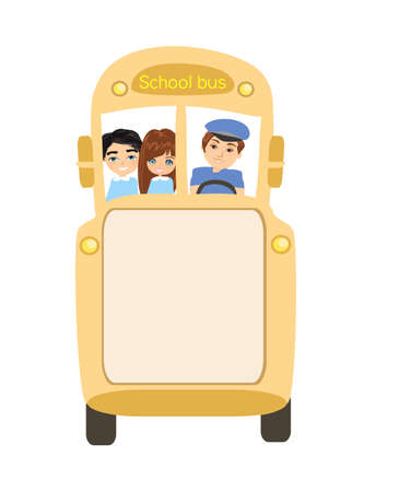 School bus with happy children - frame with space for textのイラスト素材