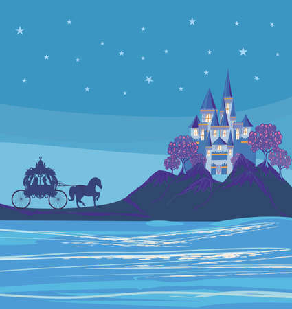 Horse carriage and a medieval castle in the nightのイラスト素材