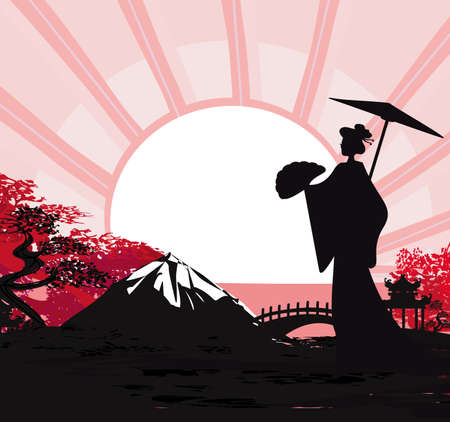 abstract Asian Landscape and beautiful Asian girlのイラスト素材