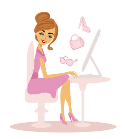happy beautiful girl shopping online - isolated illustrationのイラスト素材