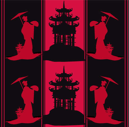 pattern with geisha and traditional asian buildingのイラスト素材