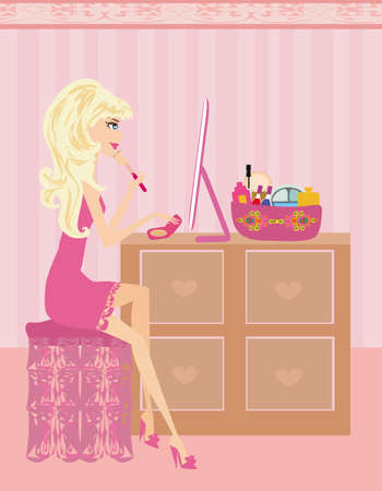 beautiful woman doing makeup at homeのイラスト素材
