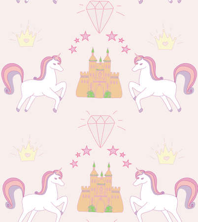 Seamless Pattern - unicorn, crown, stars, diamonds and castleのイラスト素材