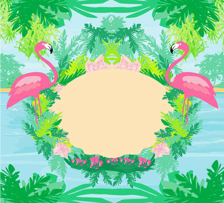 tropical frame - green palms and pink flamingoのイラスト素材