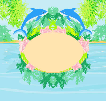tropical frame - green palms and jumping dolphinsのイラスト素材