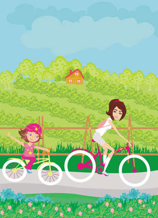 Mother and daughter biking on a beautiful sunny dayのイラスト素材