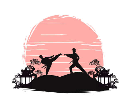 Active tae kwon do martial arts fighters combat fighting and kicking sport silhouettes illustrationのイラスト素材